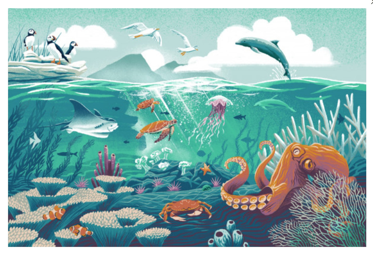 Wildlife Utopia - Seascape Postcard by Lantern Press featuring a colorful underwater ocean scene with an octopus, dolphin, puffins, rays, fish, coral reef, crab and sea plants in a stylized marine ecosystem.
