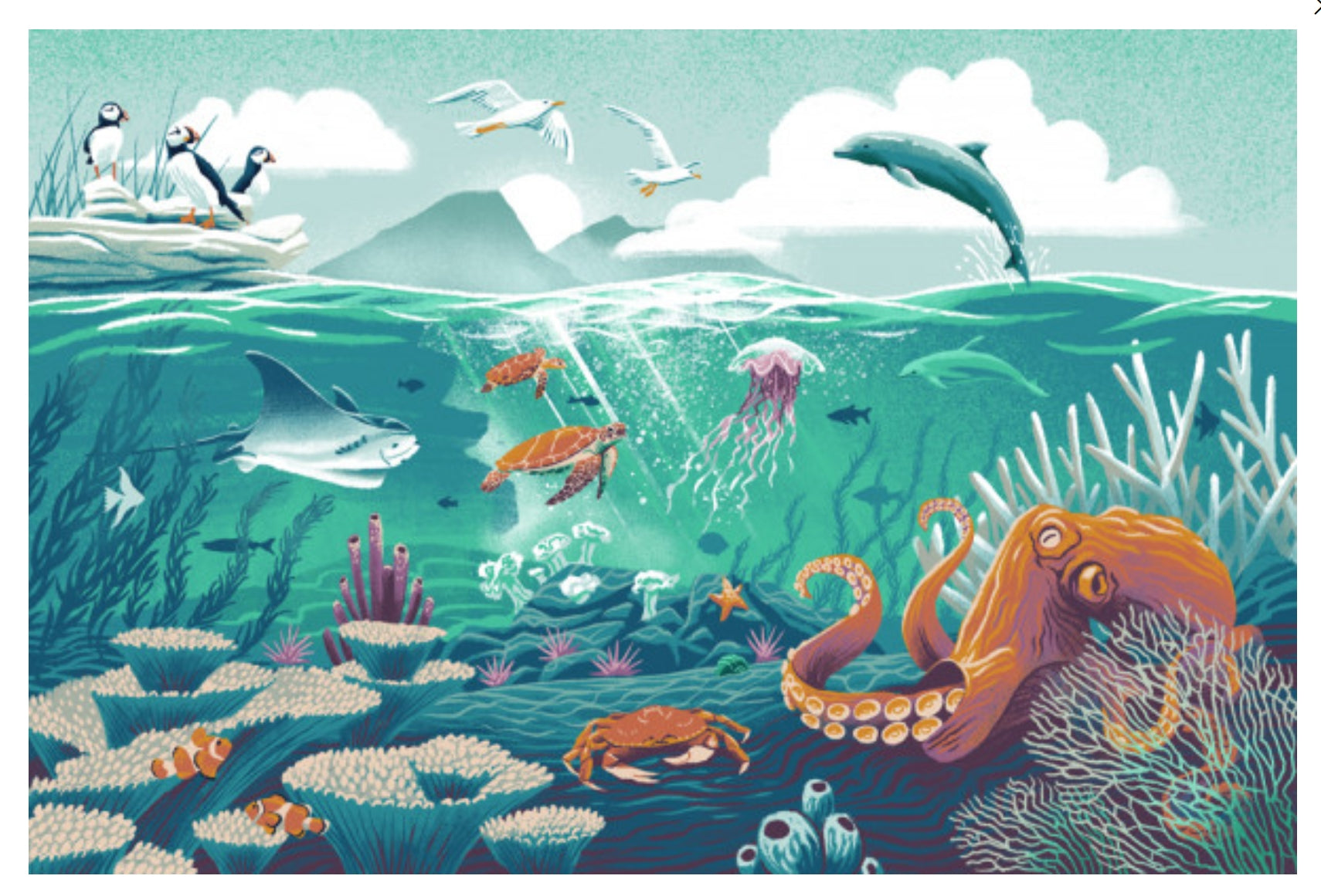Wildlife Utopia - Seascape Postcard by Lantern Press featuring a colorful underwater ocean scene with an octopus, dolphin, puffins, rays, fish, coral reef, crab and sea plants in a stylized marine ecosystem.