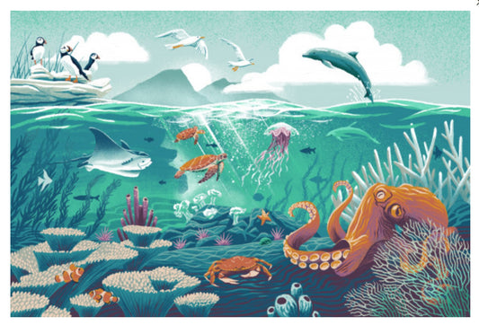 Wildlife Utopia - Seascape Postcard by Lantern Press featuring a colorful underwater ocean scene with an octopus, dolphin, puffins, rays, fish, coral reef, crab and sea plants in a stylized marine ecosystem.