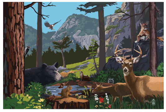 Wildlife Utopia Postcard by Lantern Press featuring a forest scene with deer, a bear, squirrels, a bald eagle, trees, mountains, and a rocky cliff. 