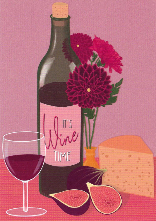 Wine o'Clock Postcard by Nobis Design featuring a wine bottle with 'It's Wine Time' label, glass of wine, cheese, and figs on a pink background