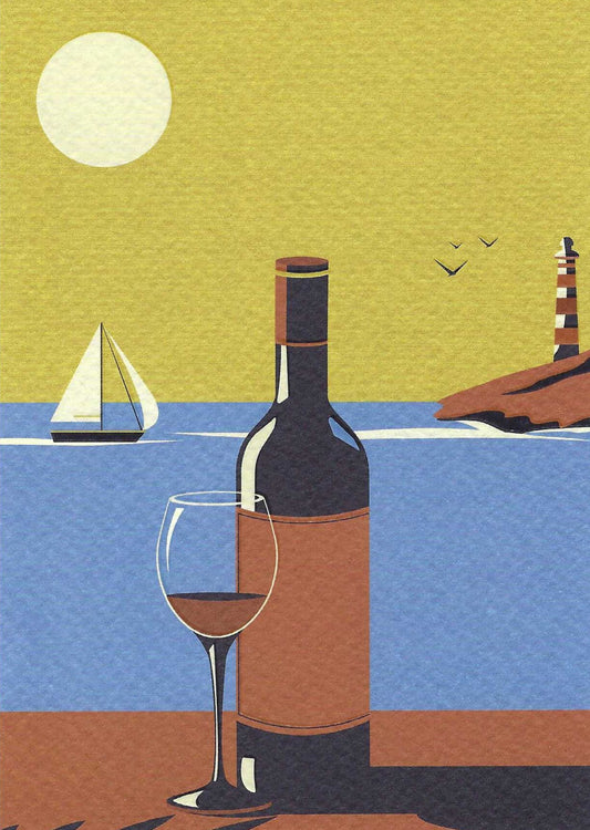 Wine with a View Postcard featuring an illustration of a bottle of wine and a glass with a sailboat and lighthouse in the background.