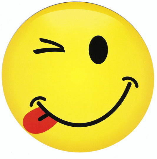 Winking Smiley Round Postcard by Edition Gollong featuring a yellow smiley face with a winking eye, raised eyebrow, and tongue out