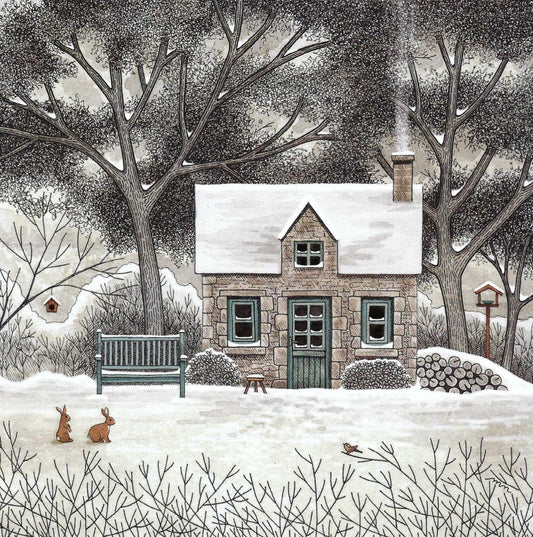 Winter Cottage Postcard by Editions Titi Pinson featuring a winter scene with a stone house, snow-covered trees, bunnies and a bench.