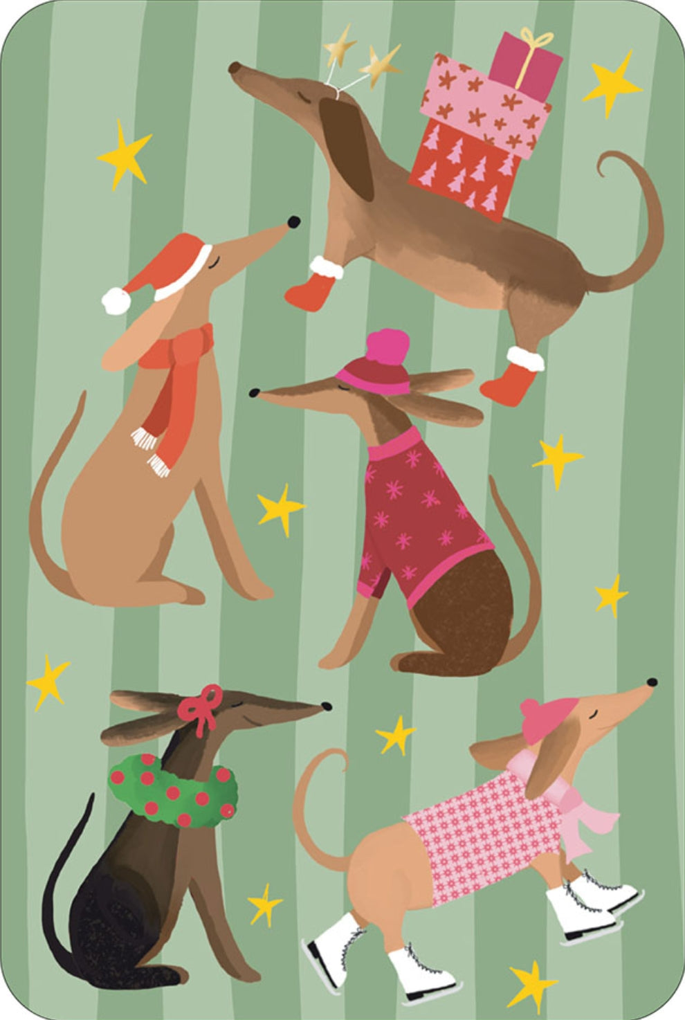 Winter Dogs Postcard by Nobis Design featuring five dachshund dogs dressed in holiday clothing, including Santa hats, scarves, a pink sweater, set against a green striped background with yellow stars.
