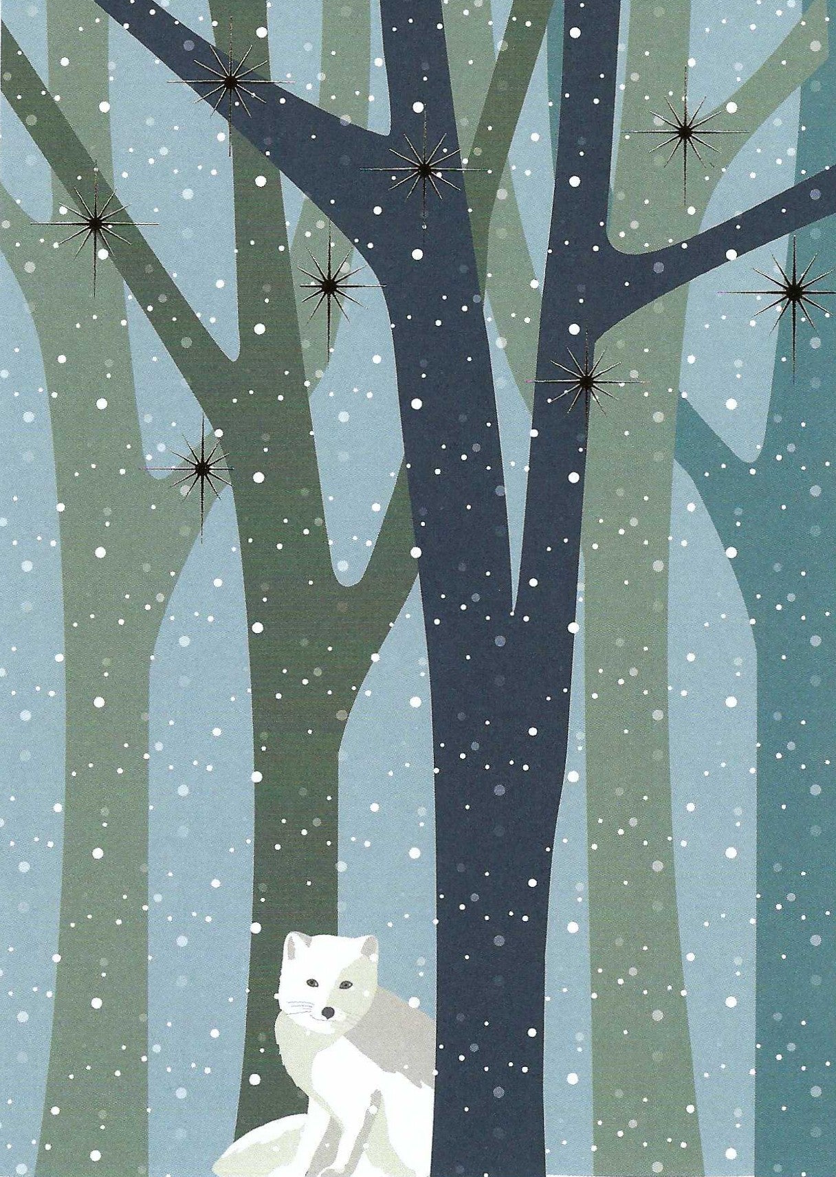 Winter Fox Postcard by Toni Starck for Nobis Design featuring a winter forest illustration with tall dark and muted trees, falling snow, and a white fox sitting near the bottom center.