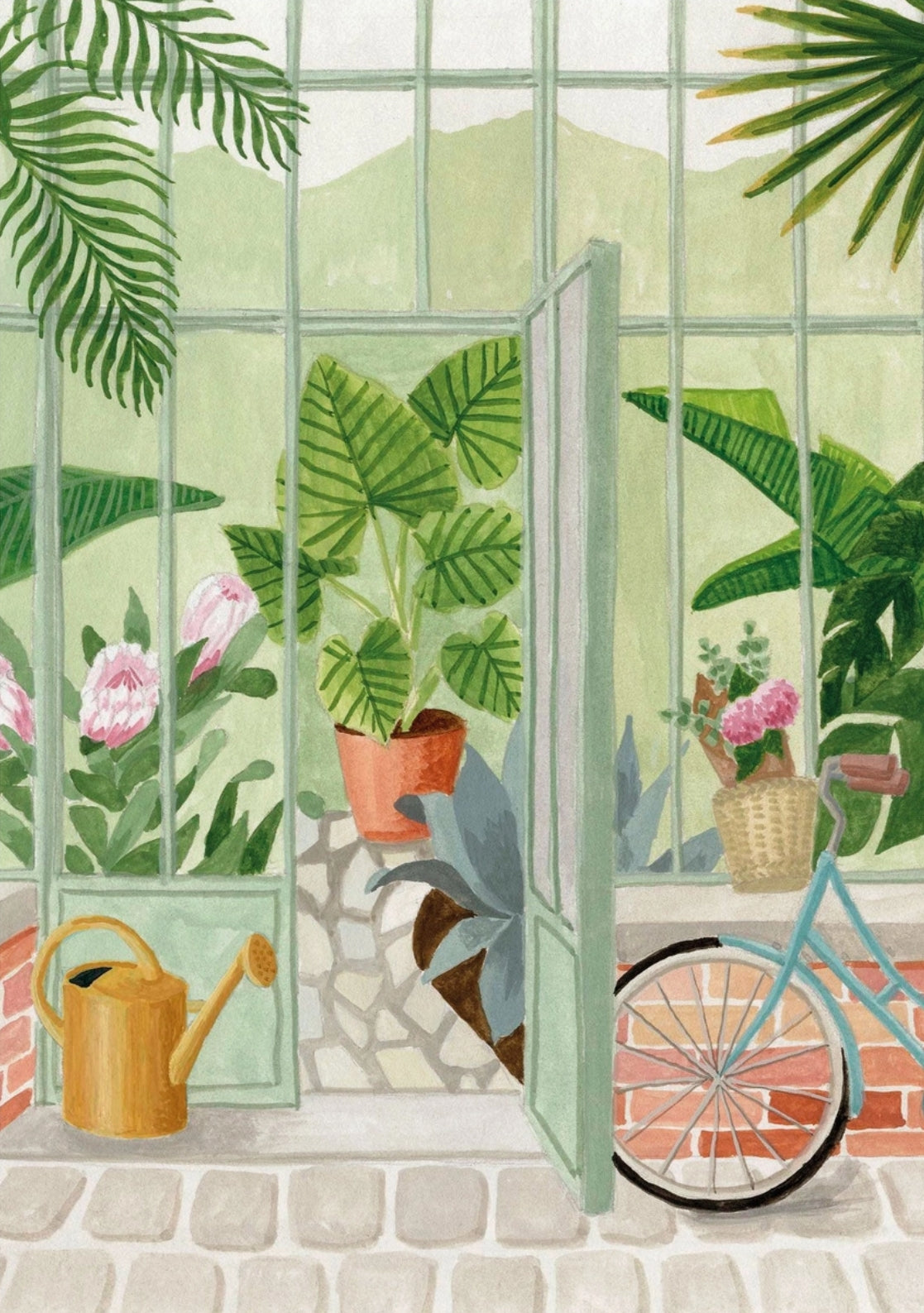 Winter Garden illustrated postcard by Mélanie Voituriez featuring a cozy greenhouse scene with plants, watering can, and soft natural tones.