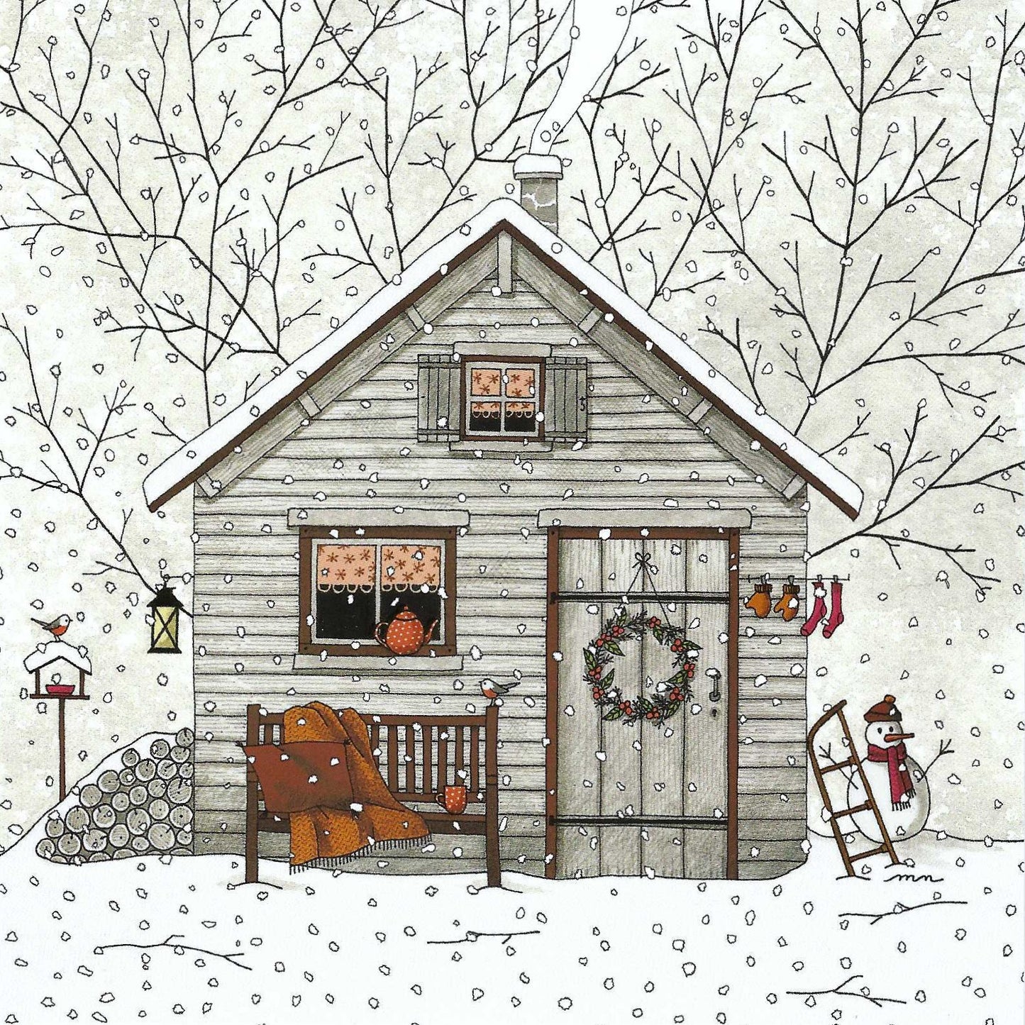 Winter House Postcard by Editions Titi Pinson featuring a cozy houise in the snow with festive decorations.