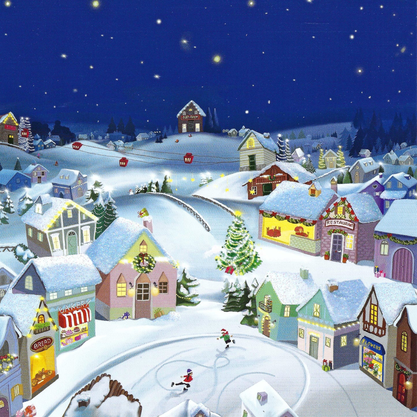 Winter Village Postcard by Sabina Comizzi - Edition Gollong featuring an illustration of a snowy village with colorful houses, ice skaters and a night sky.