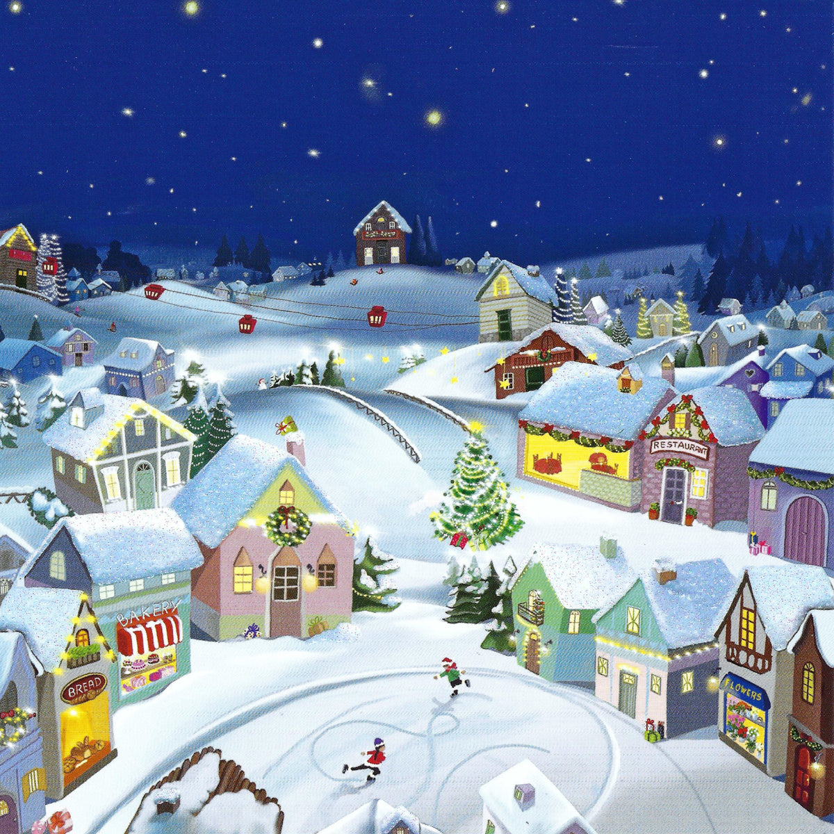 Winter Village Postcard by Sabina Comizzi - Edition Gollong featuring an illustration of a snowy village with colorful houses, ice skaters and a night sky.