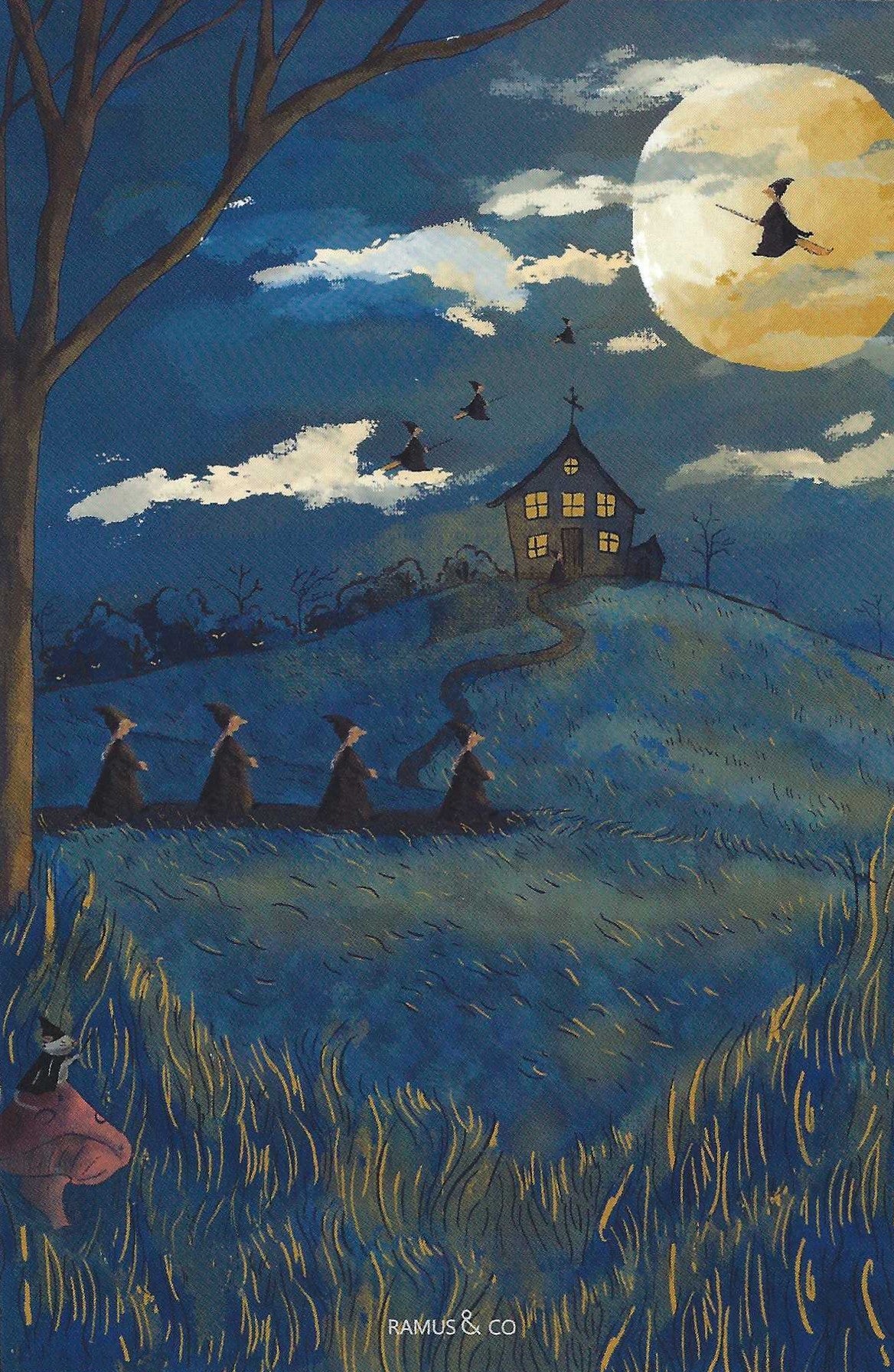 Witchy Postcard by Ramus & Company featuring a Halloween night landscape with a full moon, witch silhouettes flying and walking, a small haunted house on a hill, bare tree branches overhead, and a grassy foreground.