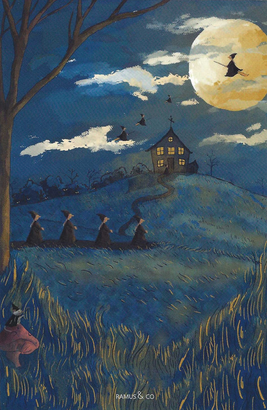 Witchy Postcard by Ramus & Company featuring a Halloween night landscape with a full moon, witch silhouettes flying and walking, a small haunted house on a hill, bare tree branches overhead, and a grassy foreground.