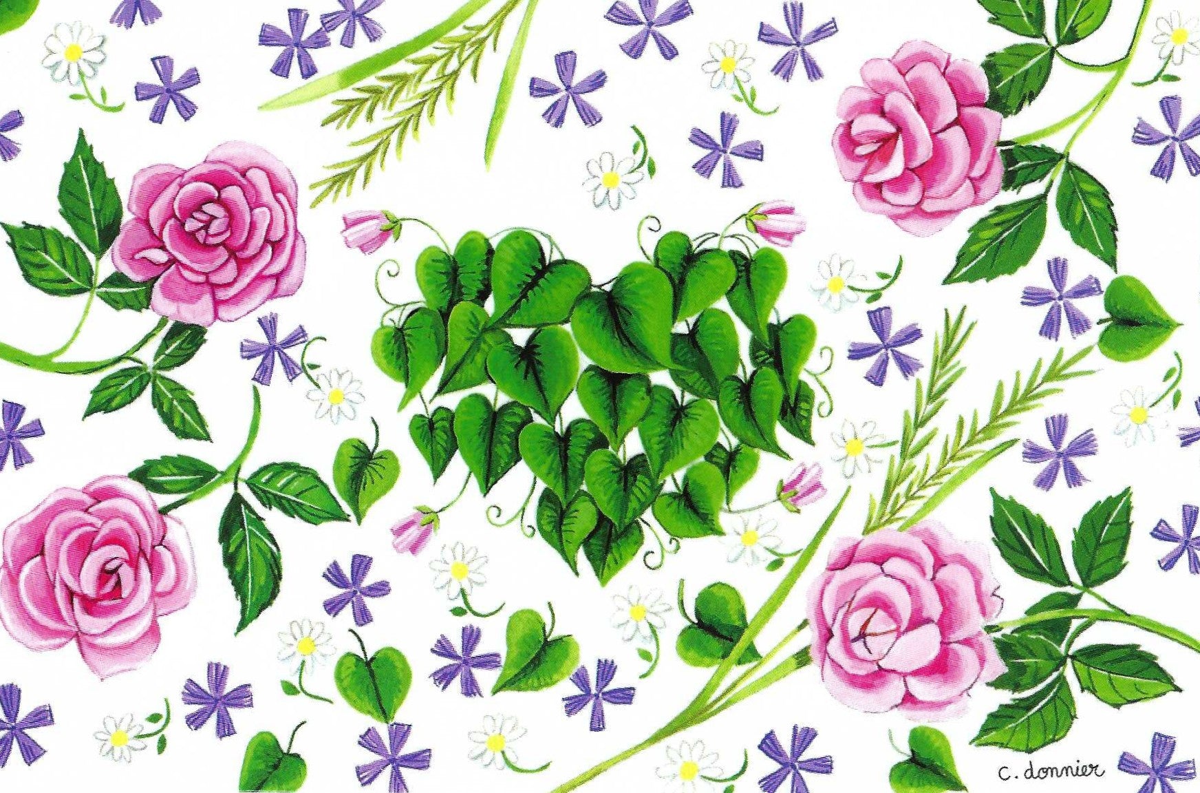 With Love, From the Garden Postcard by Christine Donnier - Editions Titi Pinson featuring a floral design with pink roses, green leaves, and purple flowers on a white background