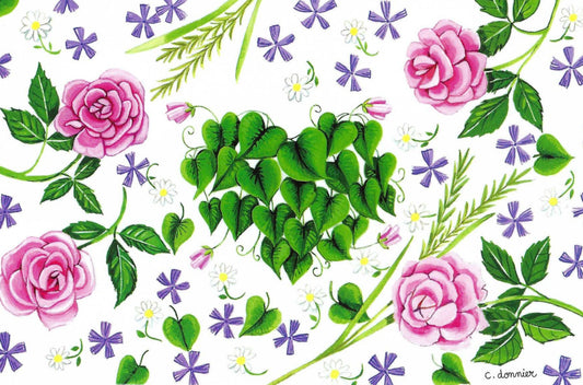 With Love, From the Garden Postcard by Christine Donnier - Editions Titi Pinson featuring a floral design with pink roses, green leaves, and purple flowers on a white background