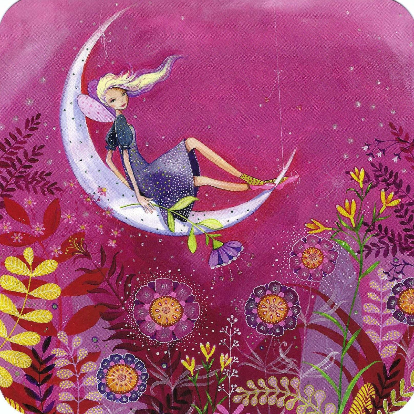 Woman on a Moon Swing Postcard by Kristiana Heinemann featuring a colorful illustration of a fairy sitting on a crescent moon swing with flowers and plants around.