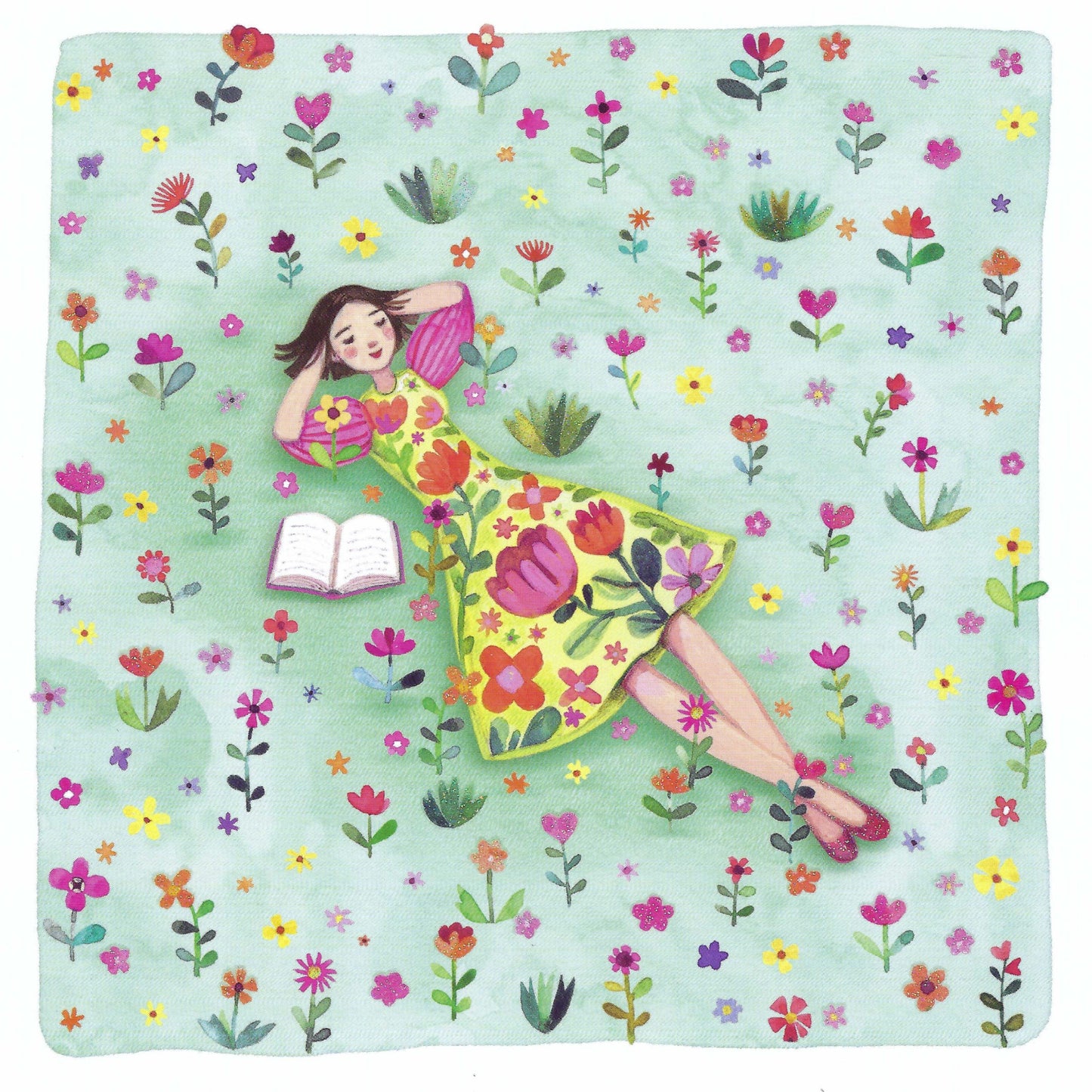 Woman with Book in Flower Meadow Postcard by Mila Marquis - Edition Gollong featuring an illustration of a woman in a floral dress lying in a flower field.