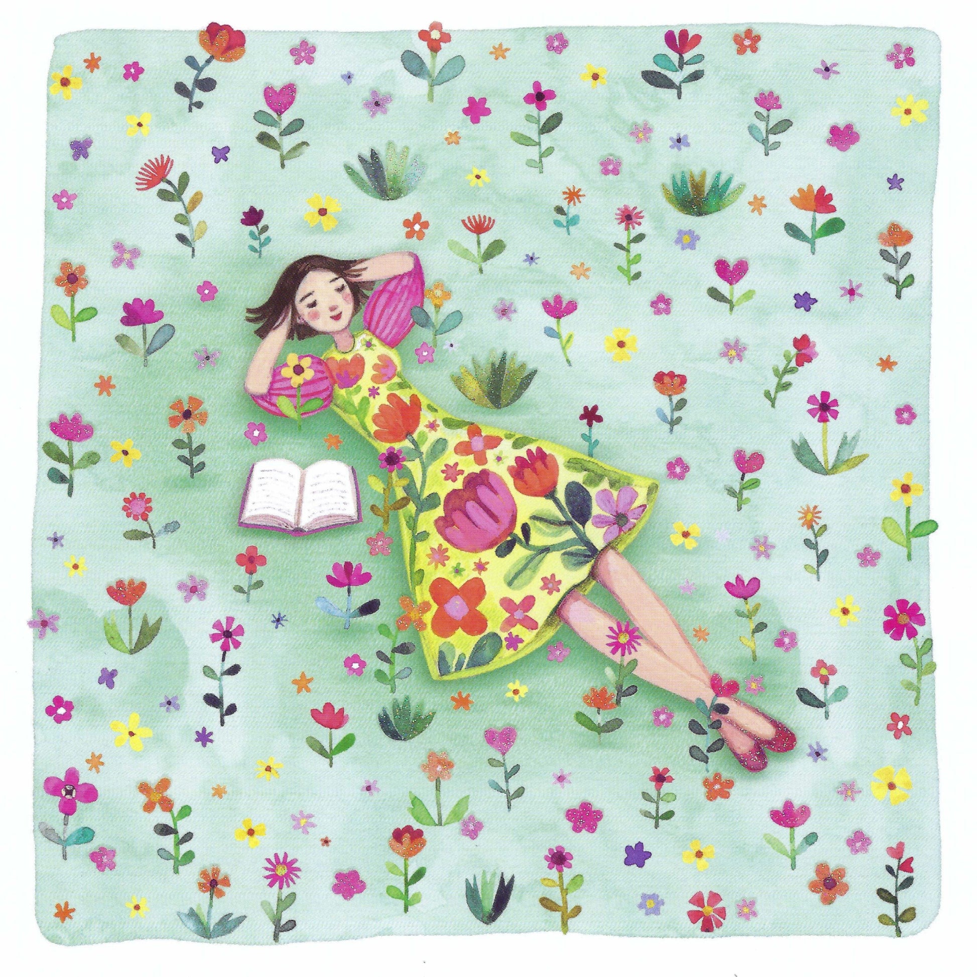 Woman with Book in Flower Meadow Postcard by Mila Marquis - Edition Gollong featuring an illustration of a woman in a floral dress lying in a flower field.