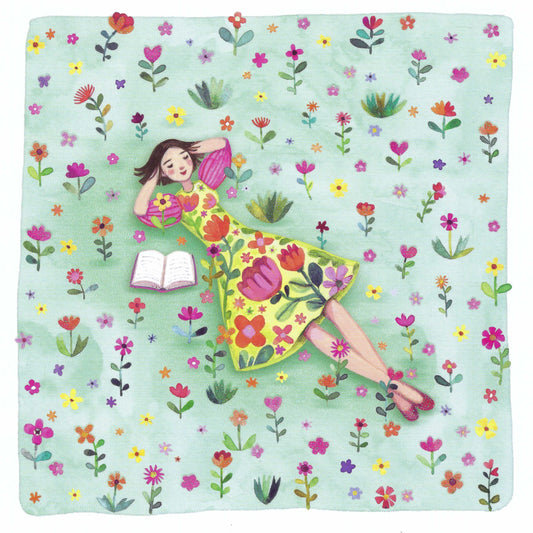 Woman with Book in Flower Meadow Postcard by Mila Marquis - Edition Gollong featuring an illustration of a woman in a floral dress lying in a flower field.