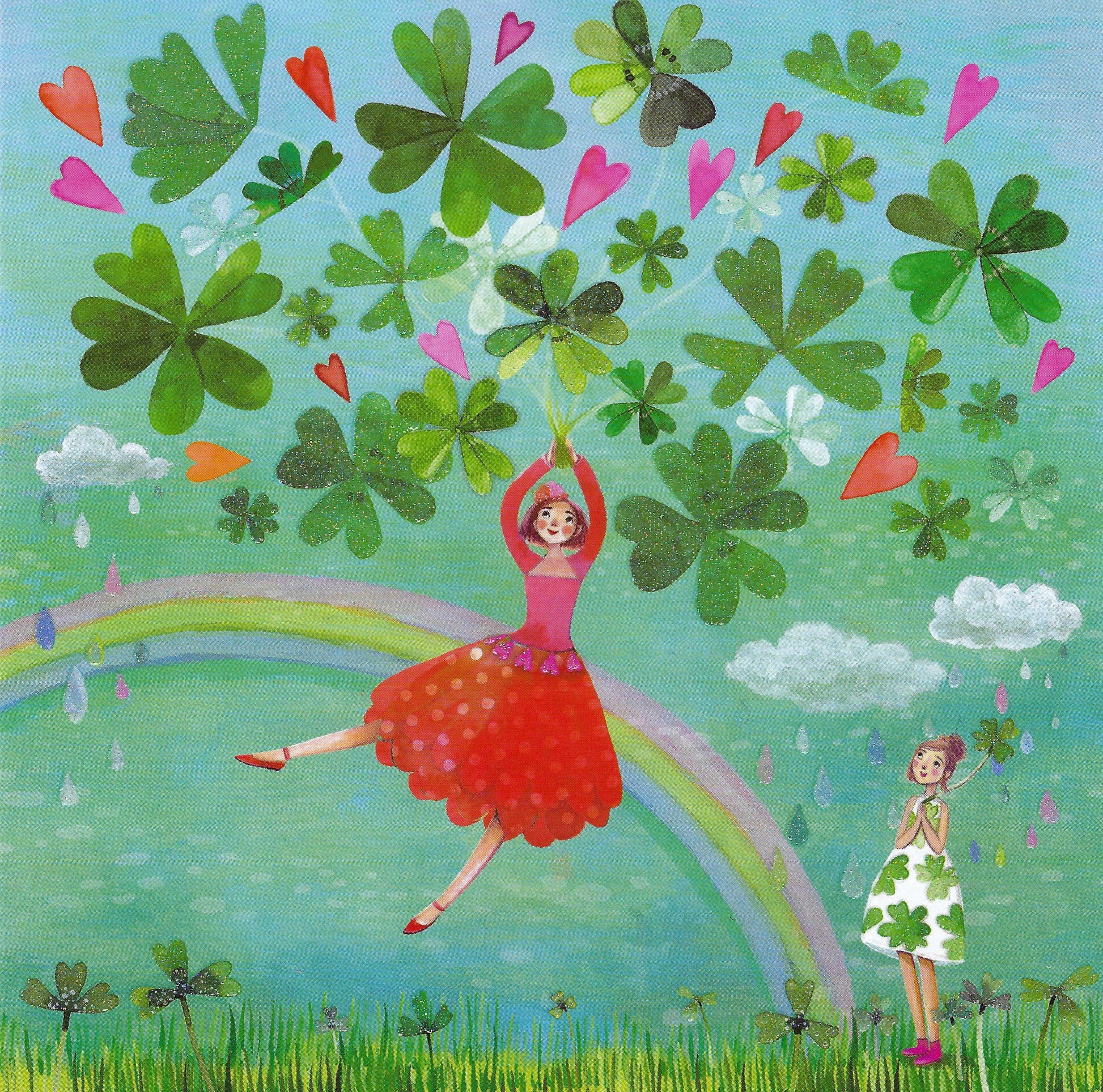 Woman with Lucky Clover Postcard by Mila Marquis - Edition Gollong featuring an illustration of a woman in a red dress dancing with four leaf lucky clovers and hearts