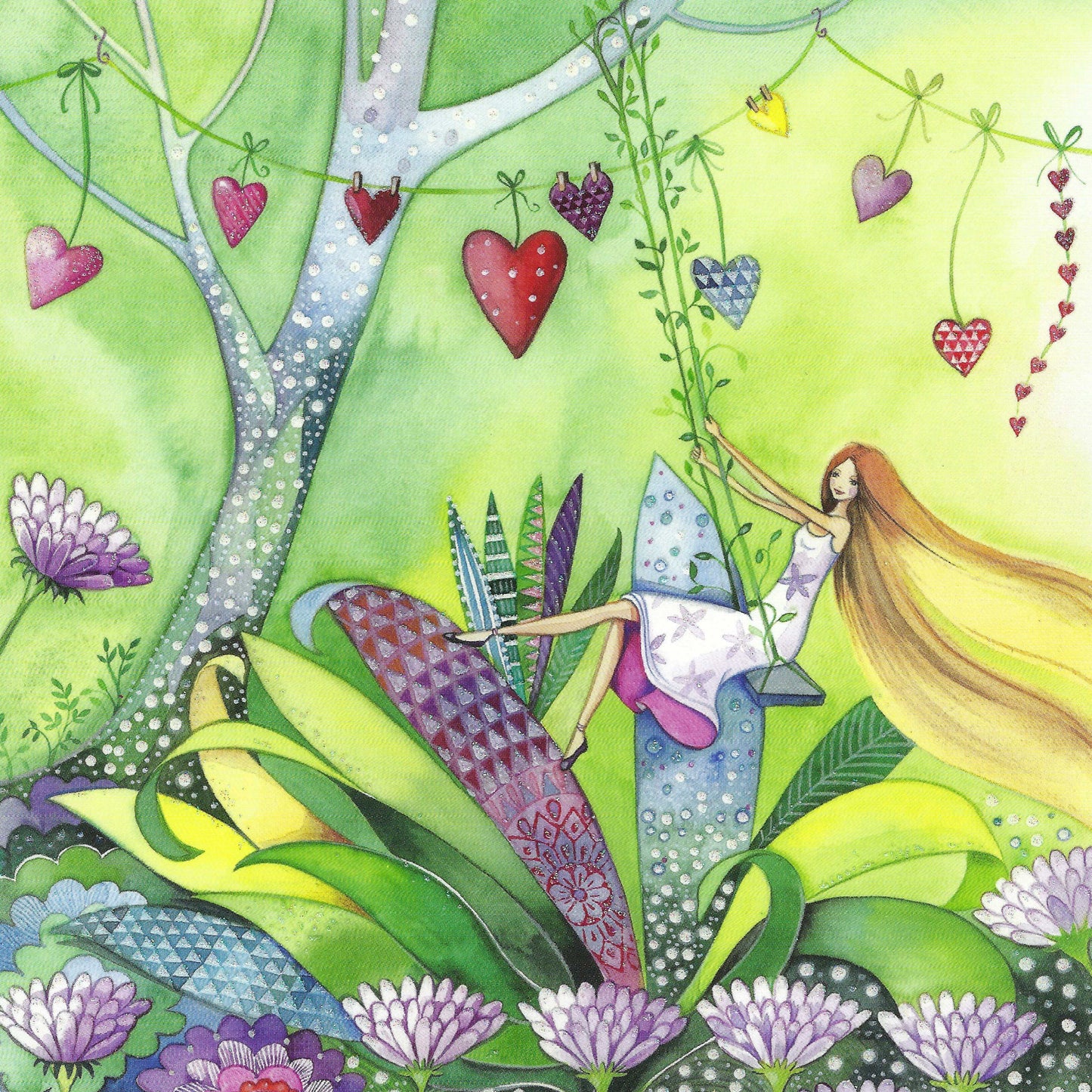 Woman on Swing with Hearts Postcard by Kristiana Heinemann - Taurus Kunstkarten featuring a girl swinging in a garden with flowers and hearts.