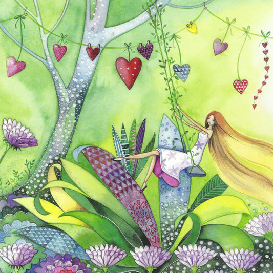 Woman on Swing with Hearts Postcard by Kristiana Heinemann - Taurus Kunstkarten featuring a girl swinging in a garden with flowers and hearts.