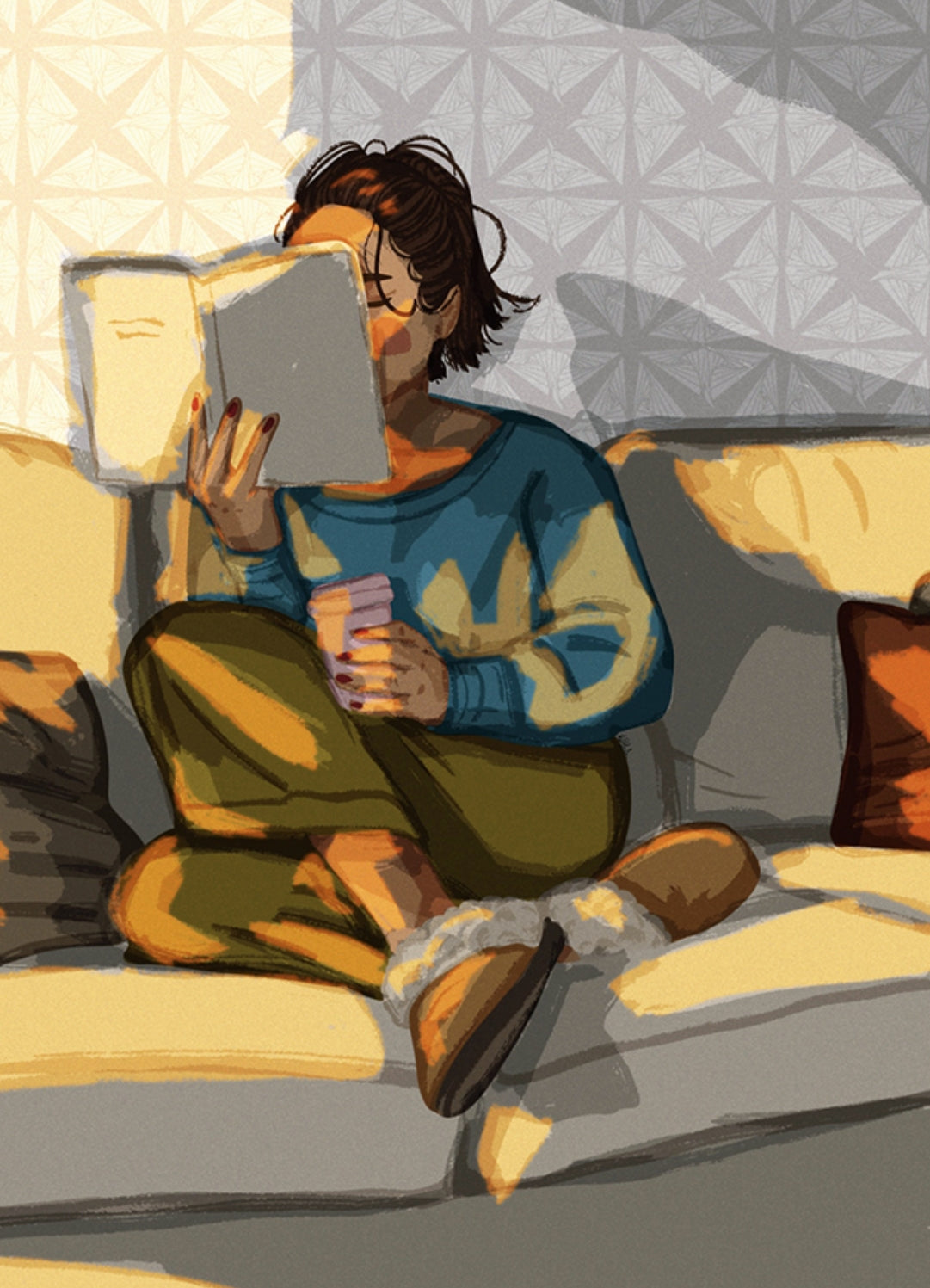 Coffee and a Book Postcard by Hello Hessah featuring an illustration of a person sitting on a couch reading a book with a coffee in hand.