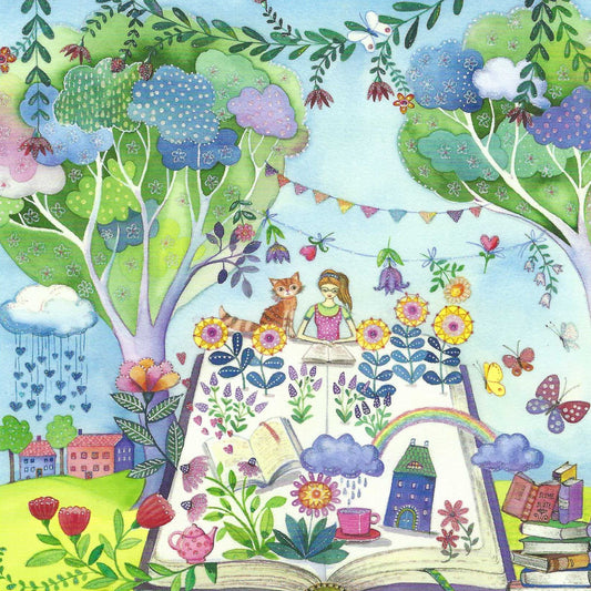 Woman with Book and Cat Postcard by Kristiana Heinemann featuring an illustration of a girl reading a book in a garden with trees, flowers, and a cat.