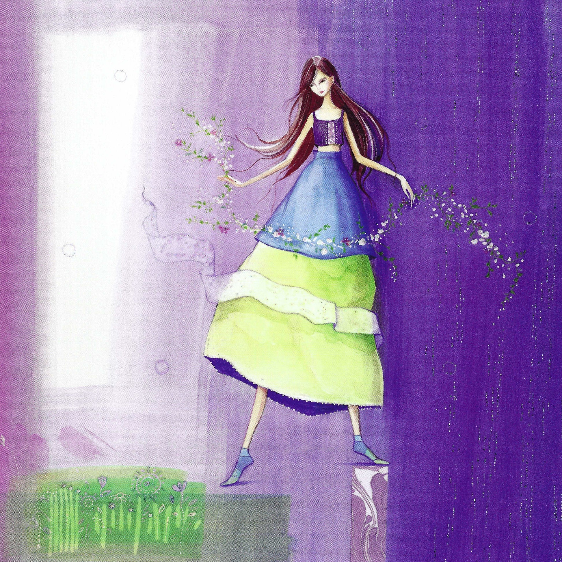 Woman with Flowers Postcard by Kristiana Heinemann - Taurus Cards featuring an illustration of a woman in a dress against a purple background
