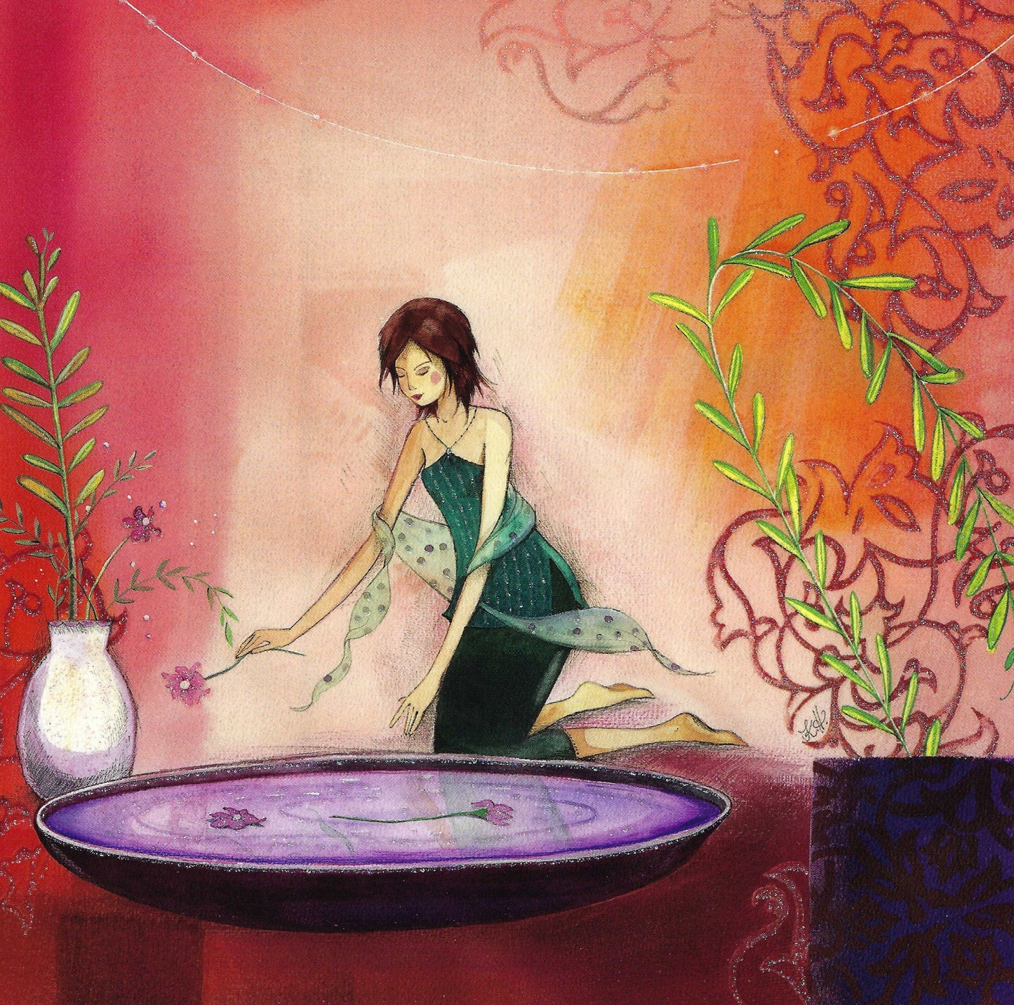 Woman with Flowers and Water by Kristiana Heinemann Taurus Cards featuring a woman in a green dress standing by a purple bowl with plants and flowers around.