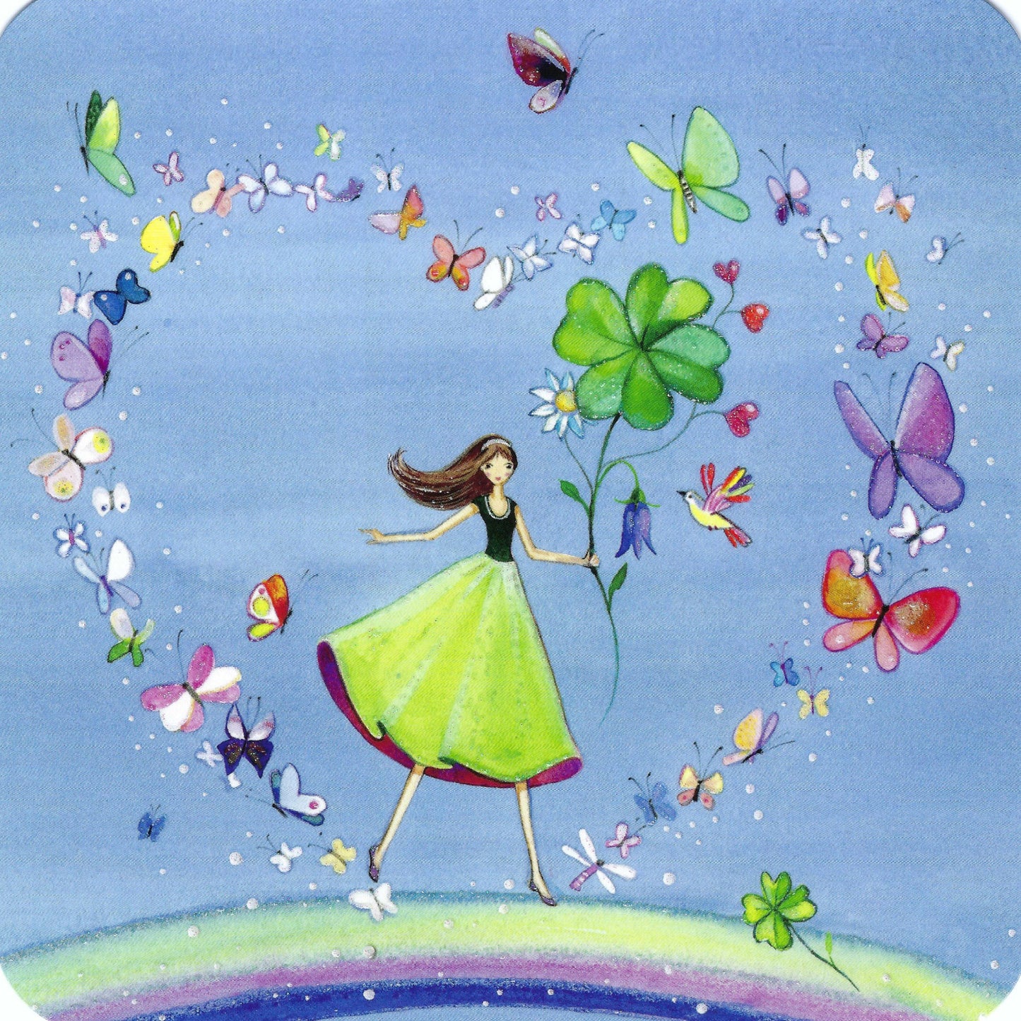 Woman with Lucky Clover and Butterflies Postcard by Kristiana Heinemann - Taurus Cards with glitter details