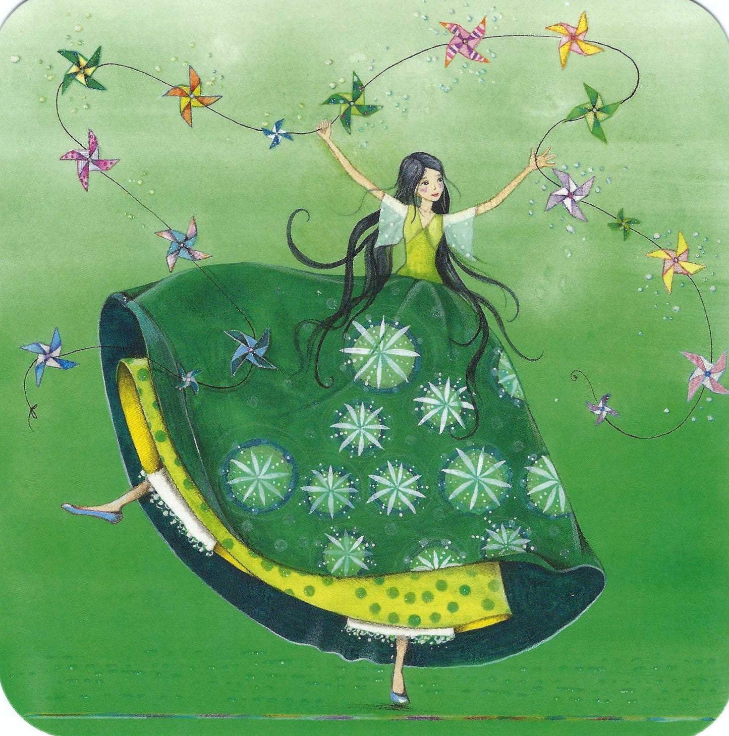 Woman with Pinwheels Postcard by Kristiana Heinemann featuring a woman in a green dress with pinwheels on a string on a green background