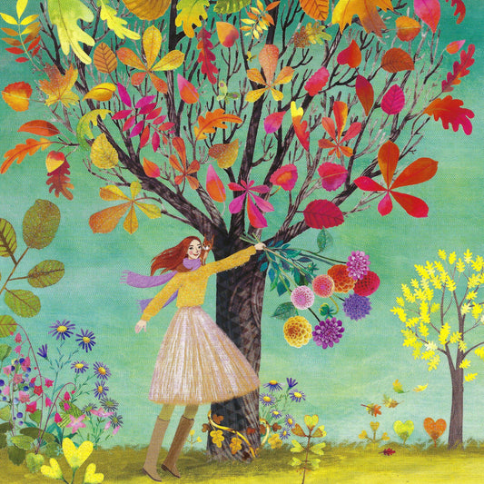 Woman with Squirrel and Flowers in Autumn Postcard by Mila Marquis - Edition Gollong