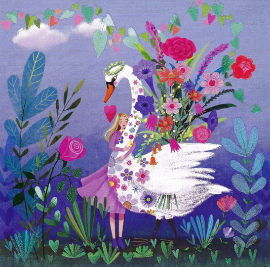 Woman with Swan Postcard by Mila Marquis - Edition Gollong featuring a swan and a girl surrounded by flowers and plants on a blue background