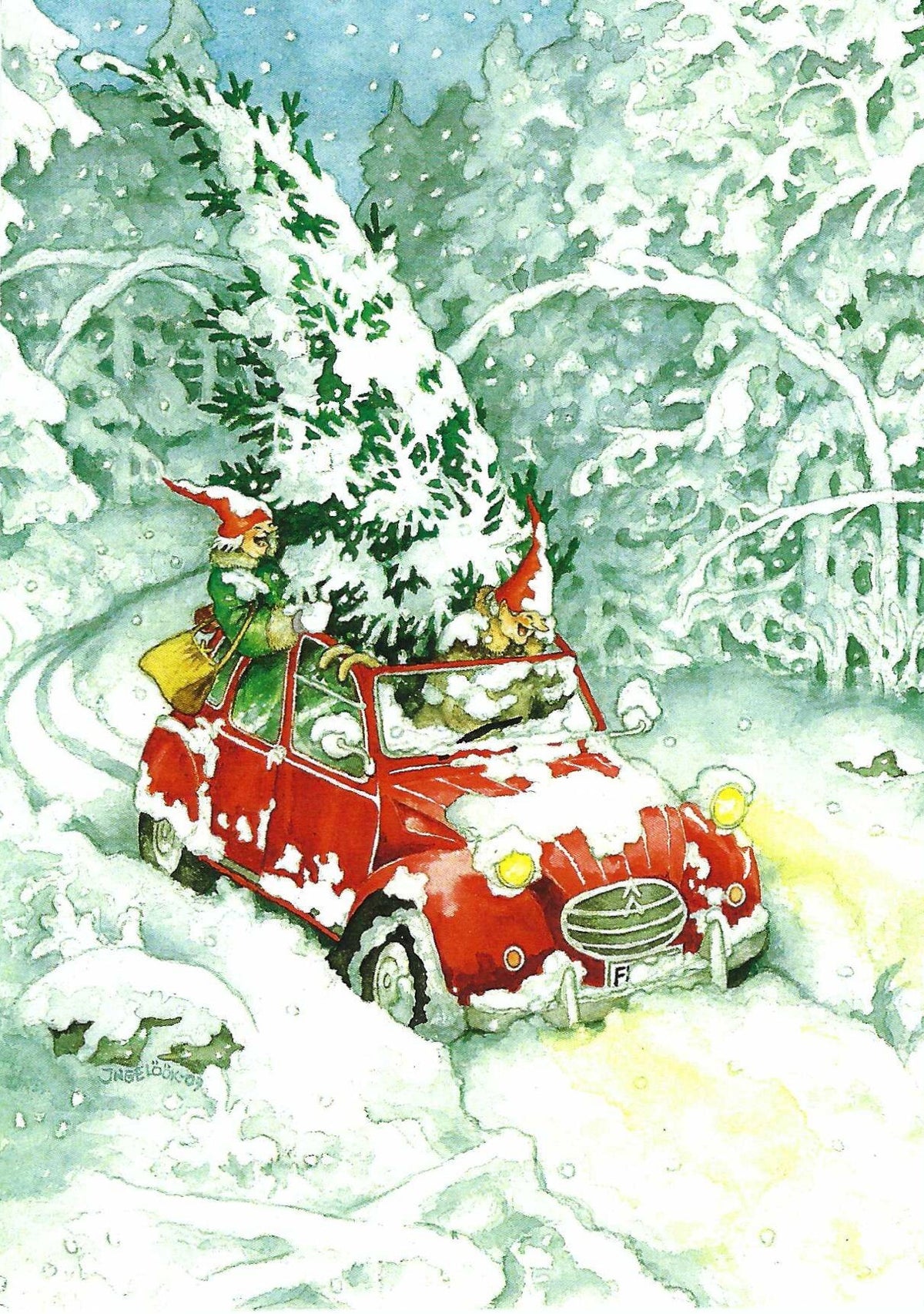 Women Getting the Tree Postcard by Inge Löök featuring an illustration of a red car with a Christmas tree in a snowy landscape with two old ladies