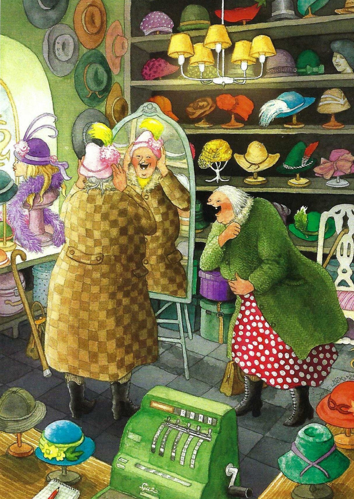 Women in the Hat Shop Postcard by Inge Löök featuring the Aunties trying on hats in a hat shop with colorful hats displayed on shelves.