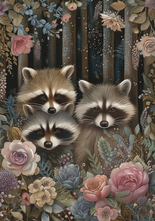 Raccoons Postcard by Fripperies featuring three raccoons surrounded by flowers and foliage in a forest setting