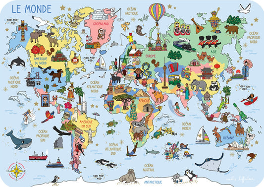 World Map Postcard by Amélie Laffaiteur - Cartes d'Art featuring a colorful world map with illustrations of countries and landmarks and animals on a blue background
