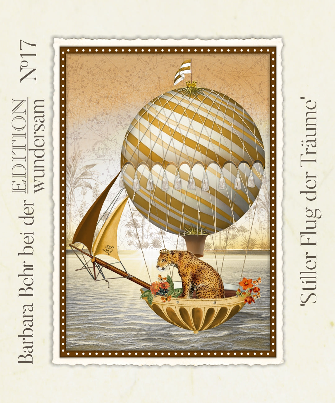 Silent Flight of Dreams Postcard by Barbara Behr - Edition Wundersam No. 17 featuring a vintage-style illustration of a leopard in a hot air balloon over water