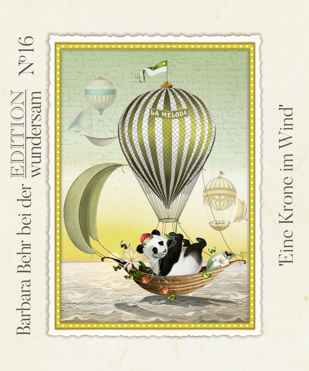 A Crown in the Wind Postcard by Barbara Behr - Edition Wundersam No. 16 featuring an illustration of a panda in a hot air balloon with 'La Melodia' on a vintage-style background.