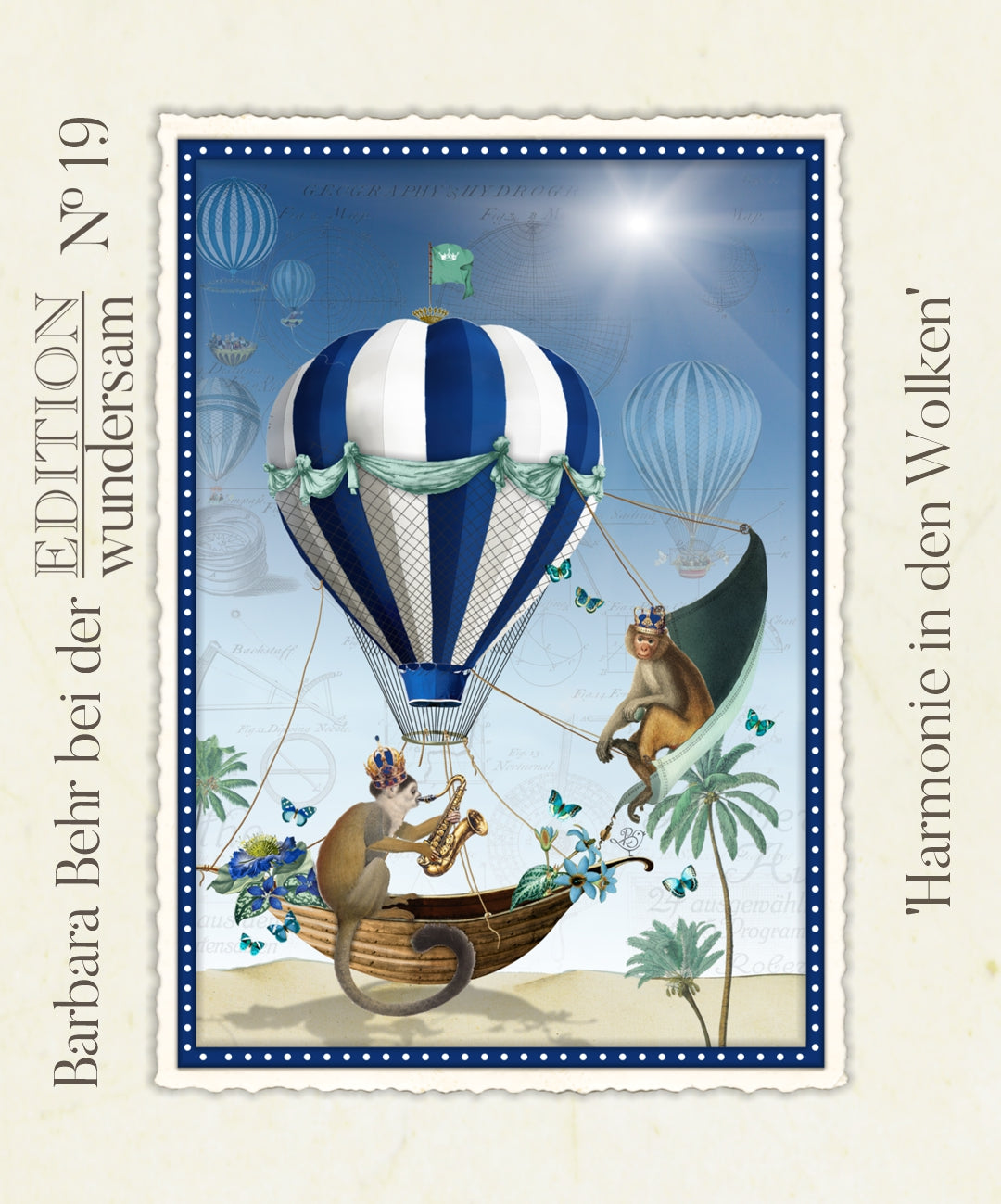 Harmony in the Clouds Postcard by Barbara Behr - Edition Wundersam No. 19 featuring an illustration of monkeys in a hot air balloon on a blue background