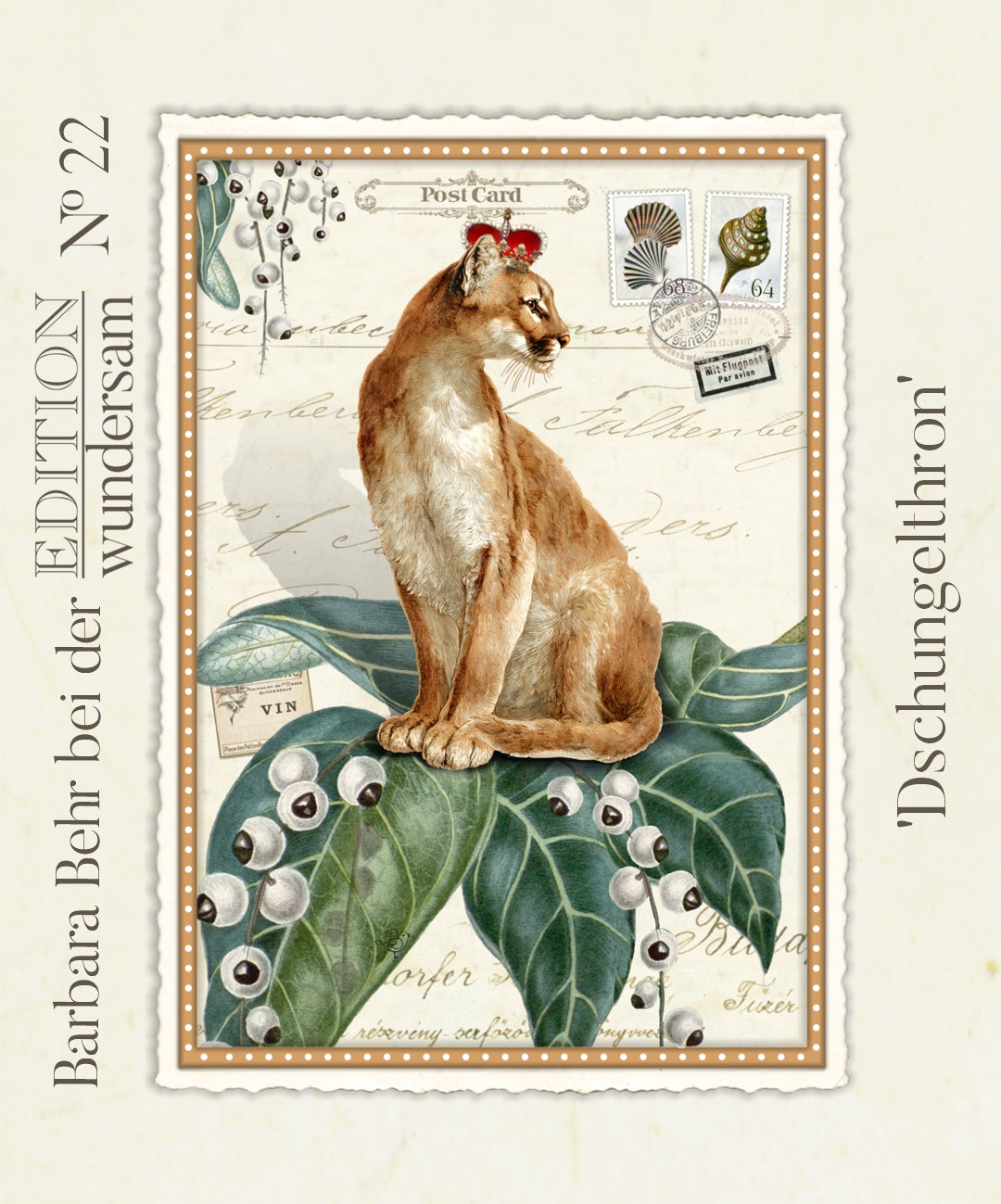 Jungle Throne Postcard by Barbara Behr - Edition Wundersam No. 22 featuring a vintage-style postcard with a cougar sitting on leaves and berries, surrounded by decorative elements.