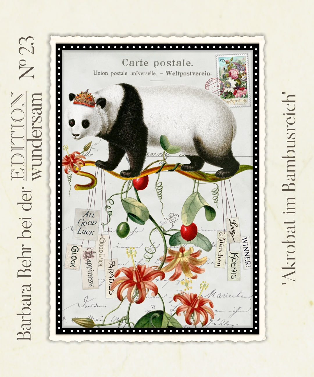 Acrobat in the Bamboo Kingdom Postcard by Barbara Behr - Edition Wundersam No. 23 featuring a vintage-style postcard with a panda bear on a branch, surrounded by flowers and text.