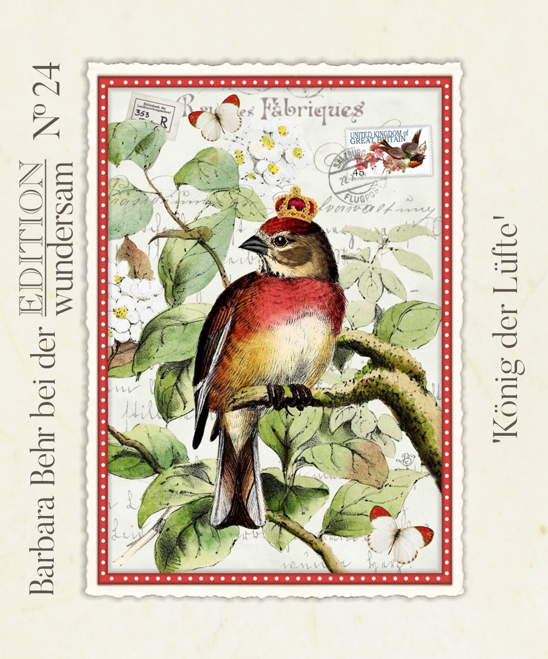 King of the Air Postcard by Barbara Behr - Edition Wundersam No. 24 featuring a vintage-style illustration of a bird with a crown on a branch with leaves and flowers.