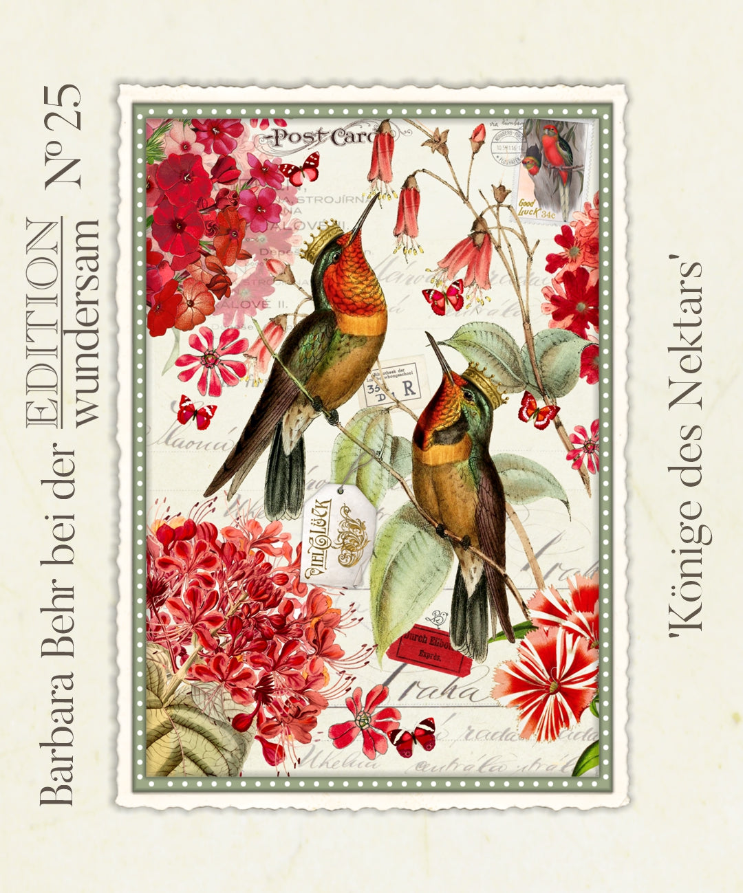 Kings of Nectar Postcard by Barbara Behr - Edition Wundersam No. 25 featuring hummingbirds and flowers on a beige background