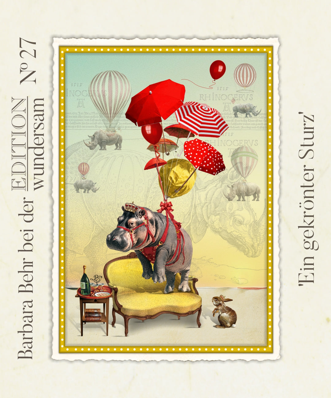 A Crowned Fall Postcard by Barbara Behr - Edition Wundersam No. 27 featuring a hippopotamus with umbrellas and balloons and a rabbit with rhino's and hot air balloons in the background