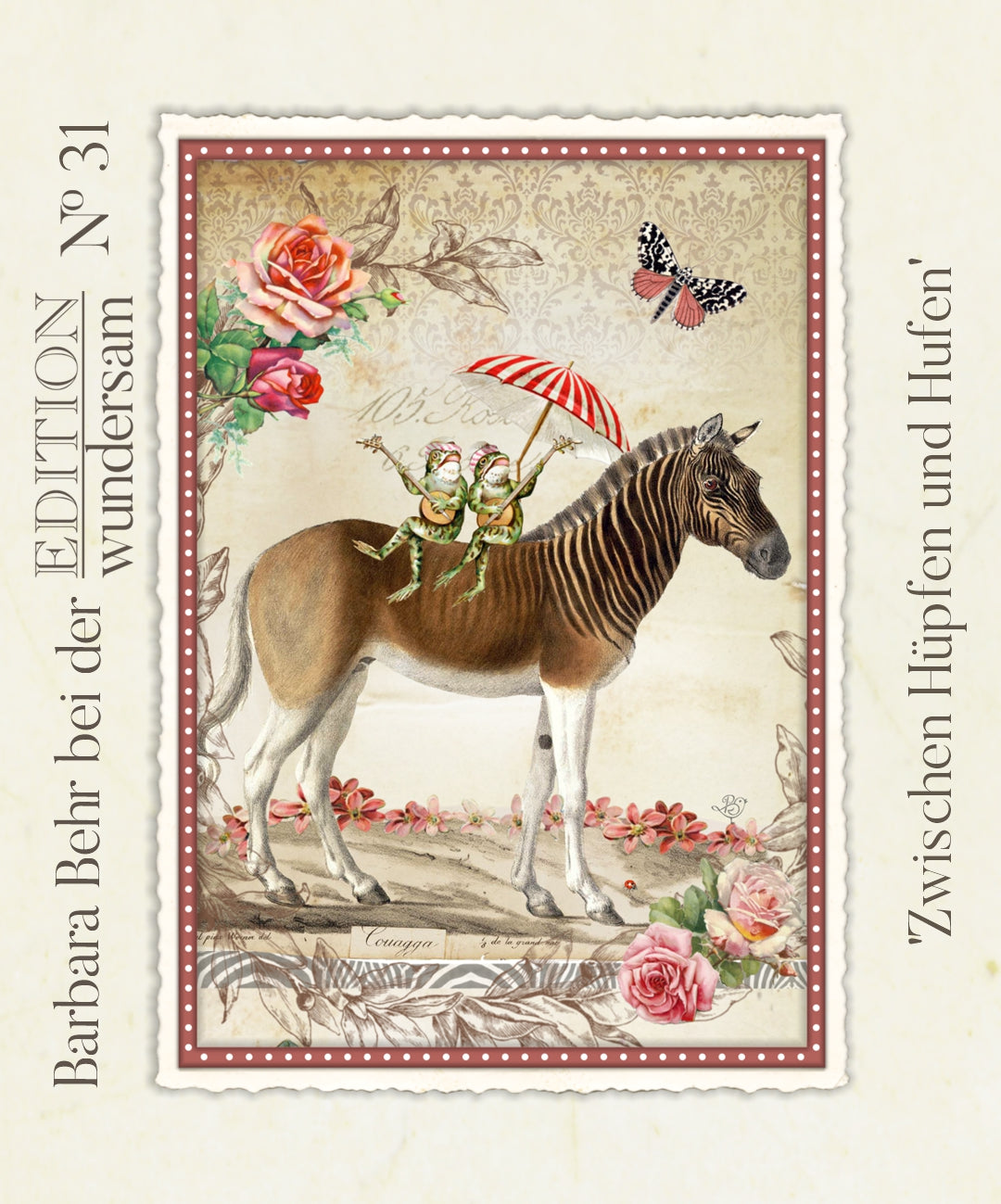 Between Hops and Hooves Postcard by Barbara Behr - Edition Wundersam No. 31 featuring a quagga or zebra-like animal with two frogs under an umbrella, surrounded by flowers and leaves.
