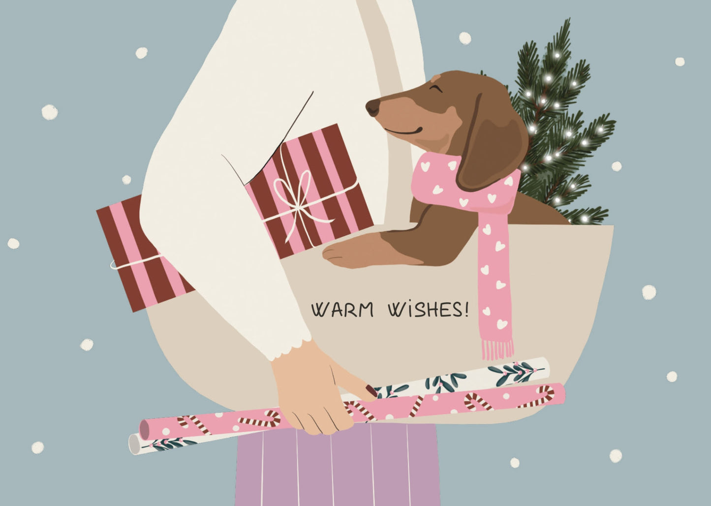 Christmas Shopping Postcard by Nobis Design featuring a brown dachshund wearing a pink heart-patterned scarf, nestled inside a large bag. The bag is filled with a wrapped present and a christmas tree with lights. The bag has “WARM WISHES!” printed on the front. The person carrying the bag is also holding wrapping paper.