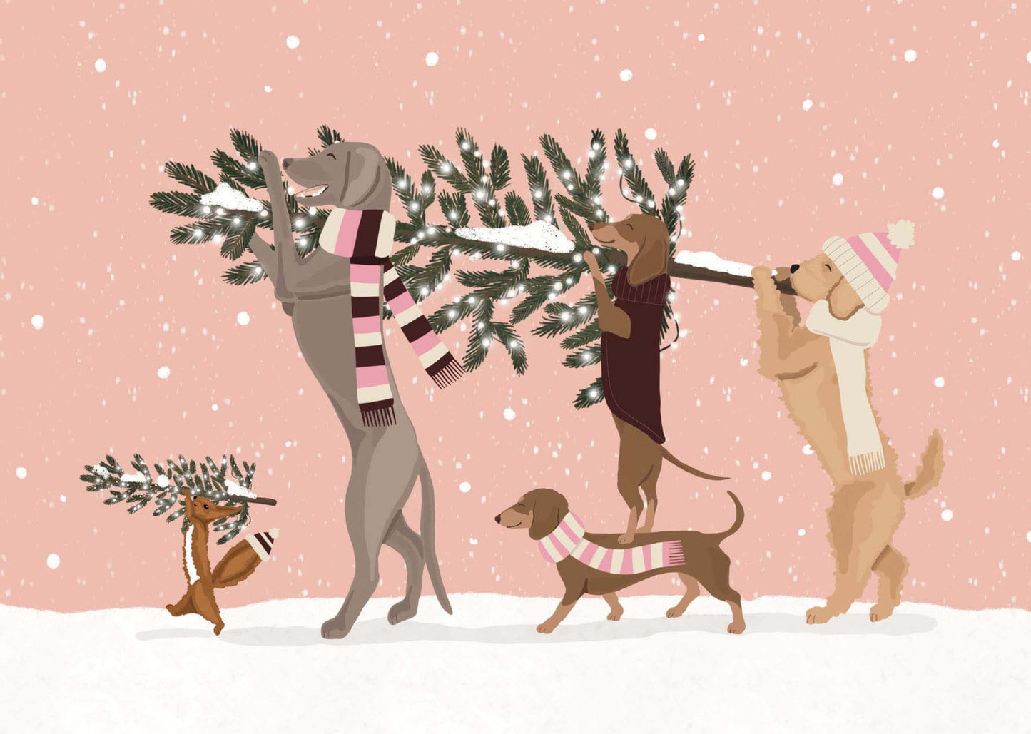 Xmas Preps Postcard by Nobis Design featuring several dogs and a squirrel carrying snow-covered christmas trees against a soft pink snowy background.