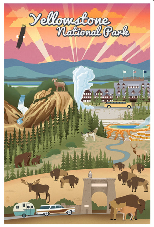 Lantern Press Postcard featuring an illustration of Yellowstone National Park with various elements like animals, landscapes, and a sunset.