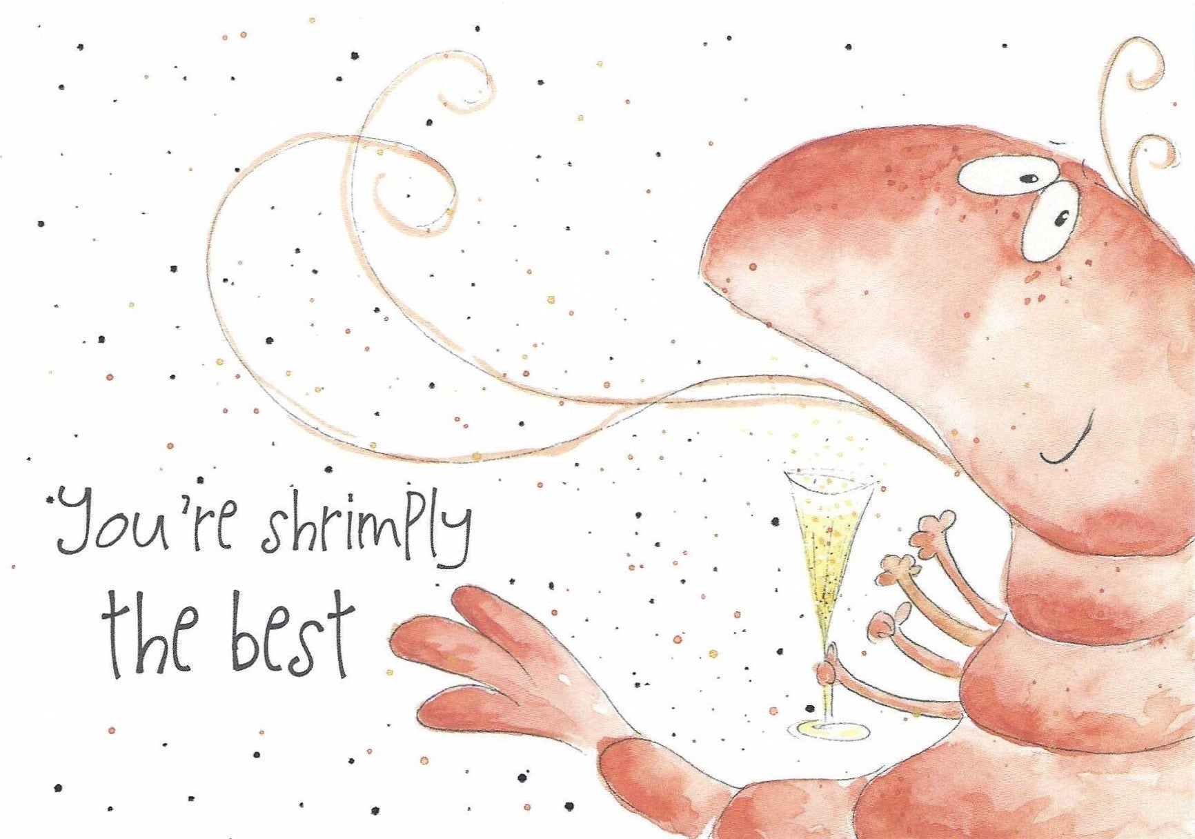 You're Shrimply the Best Postcard featuring a shrimp holding a glass of champagne with text 'You're shrimply the best' on a white background with silver foil accents.